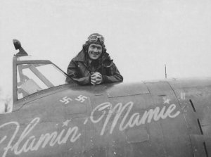 1st Lt. William W. "Dub" Odom from Ashburn, Georgia failed to return from the December 30, 1943 mission. Dub's aircraft was named "Flamin Mamie" and had a naked woman painted on the nose cowl (the PG rating of this WordPress site prevents me posting a picture of said lady).  There is no proof that I have seen that P-47 42-8398 was this aircraft or that it was LH-O as is sometimes stated (I believe this reference comes from a profile in Roger Freeman's American Eagle's Volume 3). LH-O was, of course, Bill Tanner's usual aircraft - it was battle damaged November 13, so I suppose it's possible a new LH-O was assigned to Odom, but I think it unlikely. If anyone has any further information on this do let me know. 